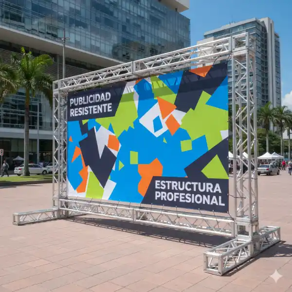 Banner con estructura metálica publicitaria