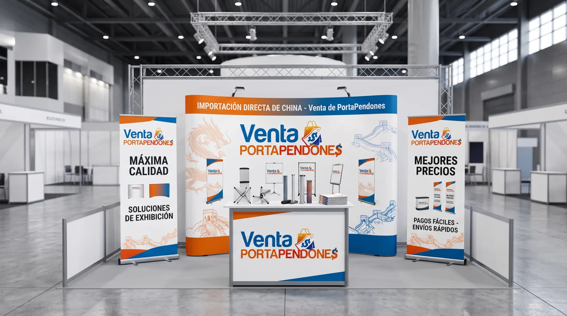 Stand de exhibición con portapendones, rollups publicitarios y backing para ferias y eventos